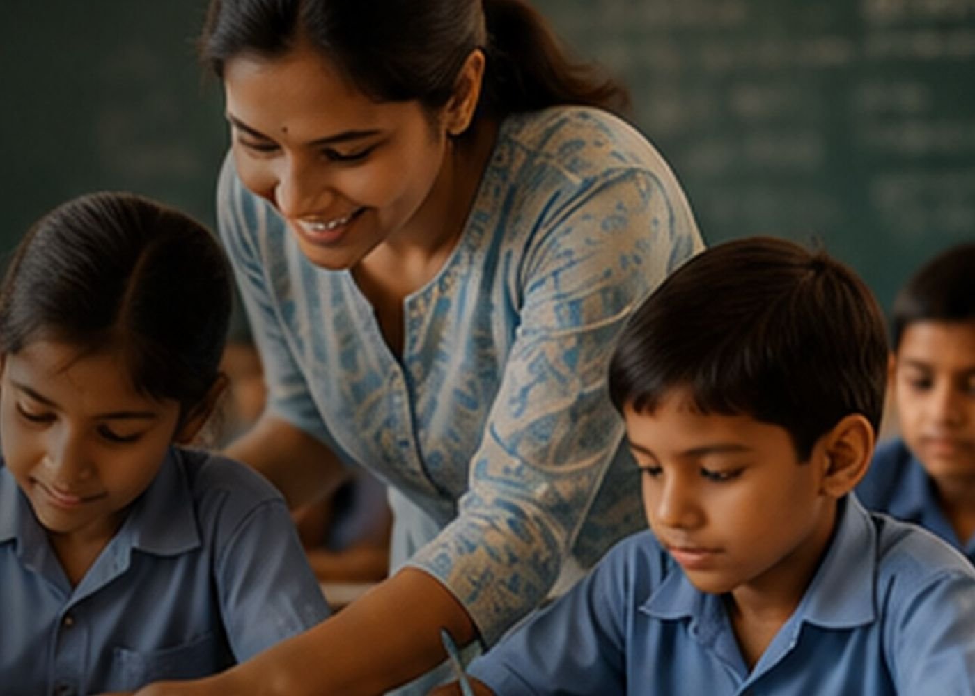 Volunteer teacher guiding schoolchildren during a classroom activity