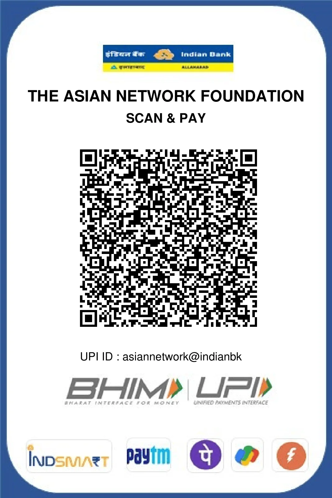 Asian Network Foundation Indian Bank donation QR code