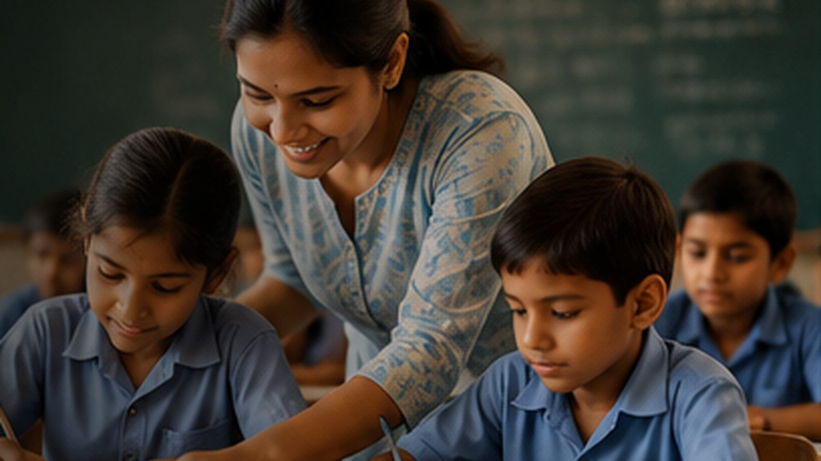 Teacher guiding school children in a classroom