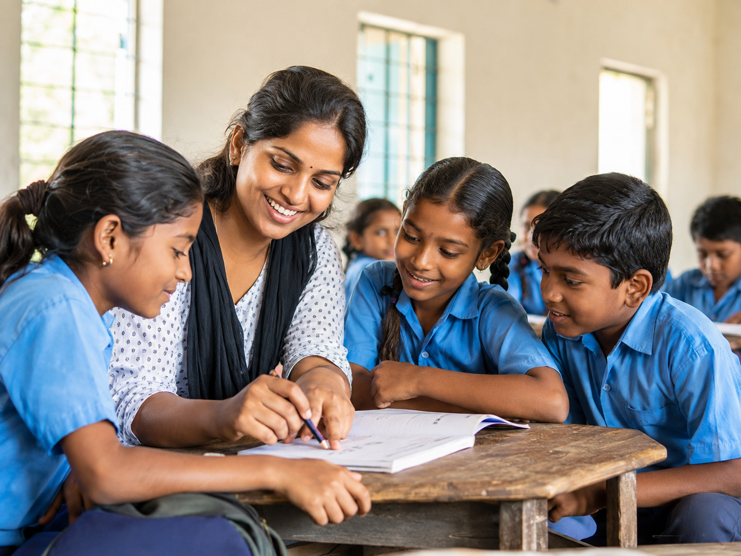 Teacher guiding students